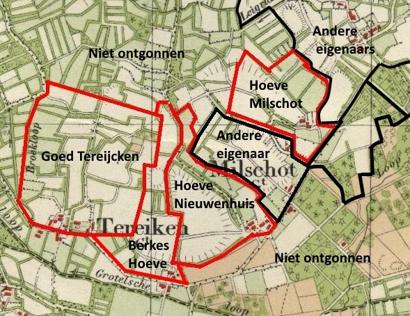 Oude ontginningen van de Duitse Orde in het gebied Milschot Tereyken op een kaart van 1900